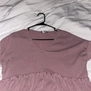 Elegant V-Neck Ribbed Blouse - Dusty Pink